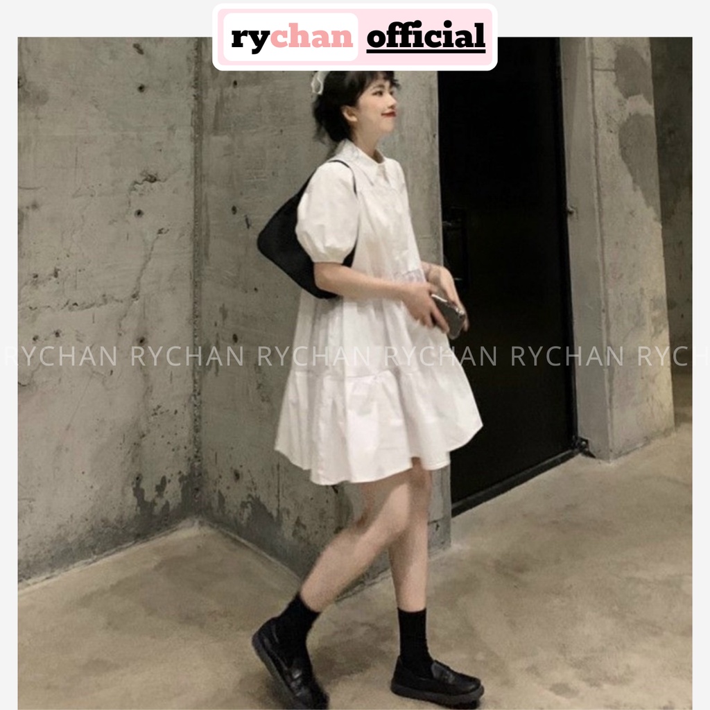 Đầm Babydoll Sơ Mi Nhún Tầng Dễ Thương Ulzzang, Đầm Form Rộng Suông Màu Trắng Đen Cute - DX9954