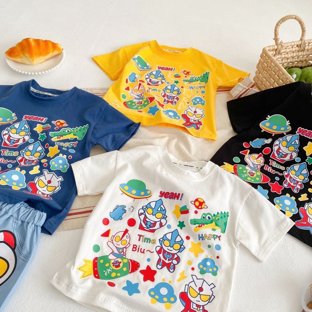 Áo Thun Cotton Tay Ngắn In Hoạt Hình Ultraman Dành Cho Bé Trai