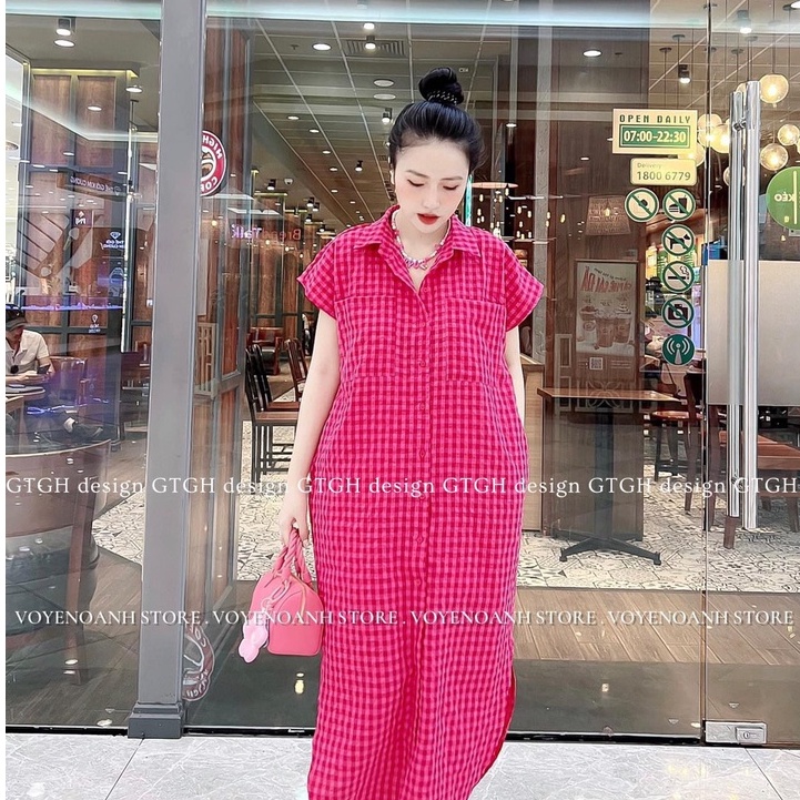 Đầm sơ mi LINH RUBI STORE váy dáng suông dài có túi cạnh họa tiết kẻ caro chất thô mềm cao cấp V291