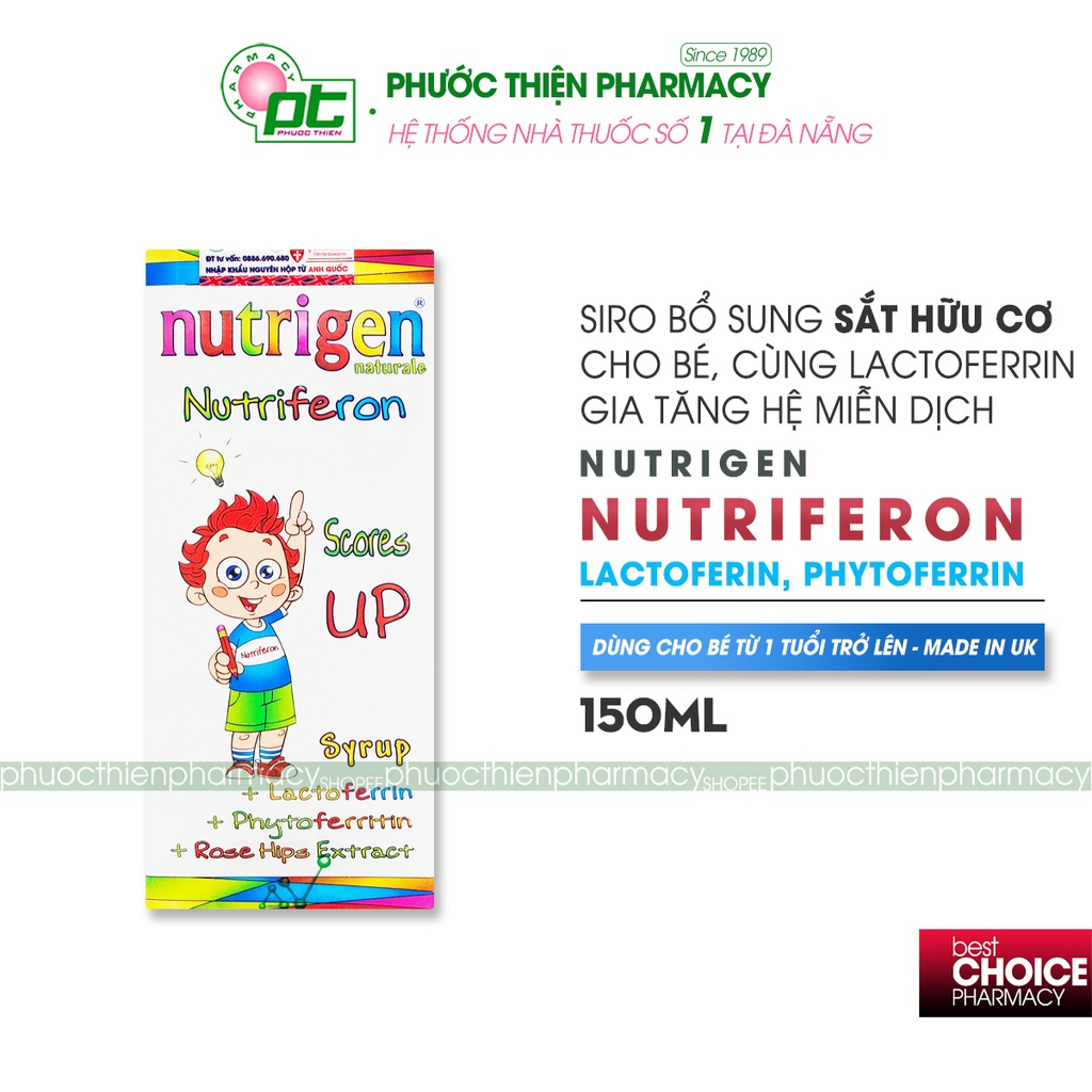 Sirô bổ máu bổ sung Sắt hữu cơ cho bé Nutrigen Nutriferon Syrup Lọ 150ml - Kết hợp Lactoferrin tăng cường hệ miễn dịch