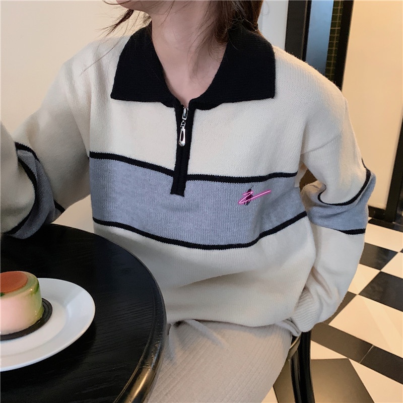 Áo Dệt Kim Dài Tay Dáng Rộng Họa Tiết Kẻ Sọc Phong Cách Mỹ Thời Trang 47665