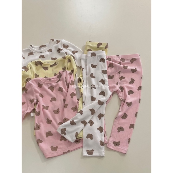 Bộ quần áo dài tay hình gấu mặc nhà Hàn Quốc cho bé [Jennybebe] Quần áo trẻ em Thu Đông 2021 [Ảnh thật Shop tự chụp]