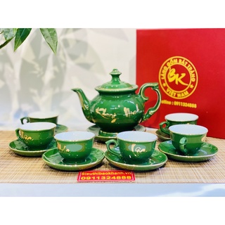 Bộ ấm chén,ấm trà Phúc Lộc Thọ men xanh vẽ vàng xuất xứ Bát Tràng 350ml