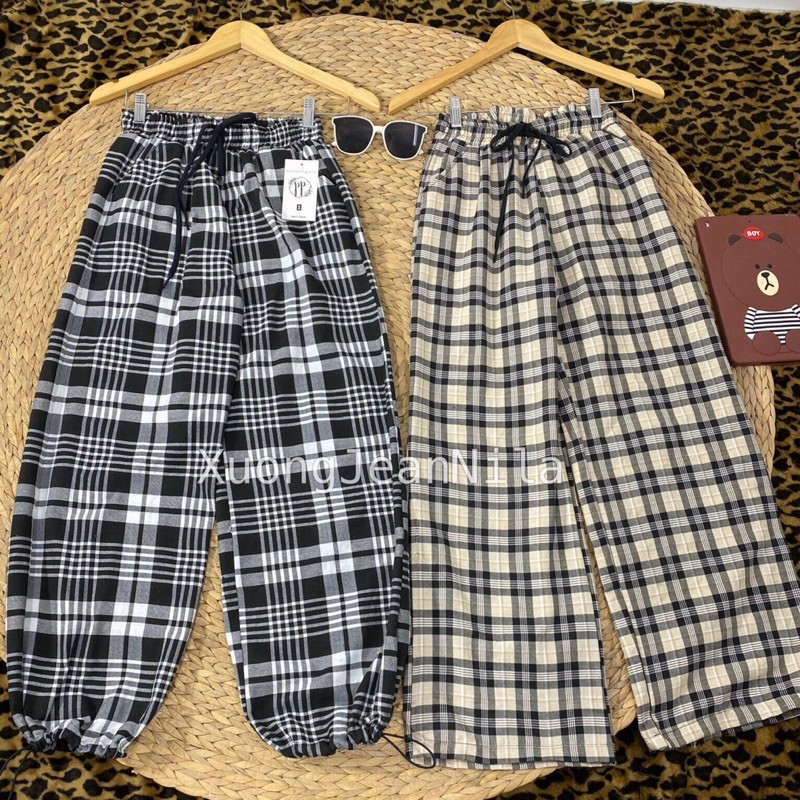 Quần Jogger sọc kẻ caro dây rút chân unisex mặc được 2 kiểu ống bôm và ống rộng