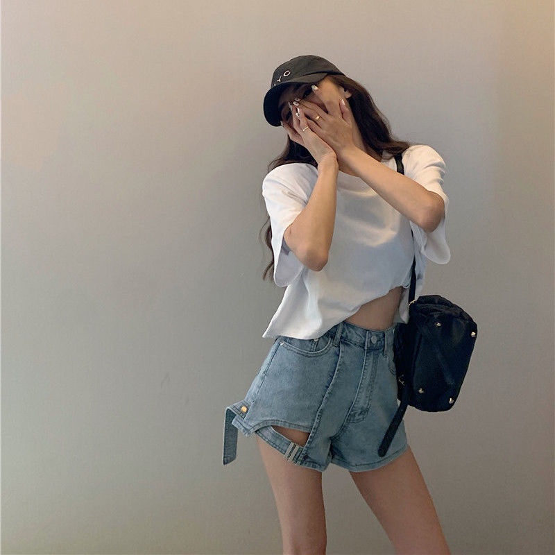 Jiashucheng Quần Short Denim Chữ a Lưng Cao Ống Rộng Rách Gối Phong Cách Mới Mùa Hè Cho Nữ