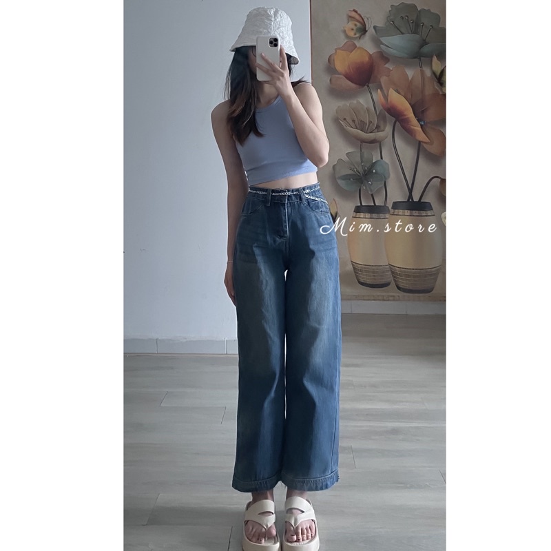 Quần jean xanh ống suông basic