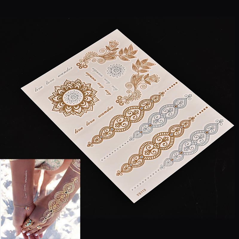 (hàng Mới Về) Hình Xăm Dán Tạm Thời Màu Vàng / Bạc Ánh Kim Lấp Lánh Trang Trí Nghệ Thuật Cơ Thể