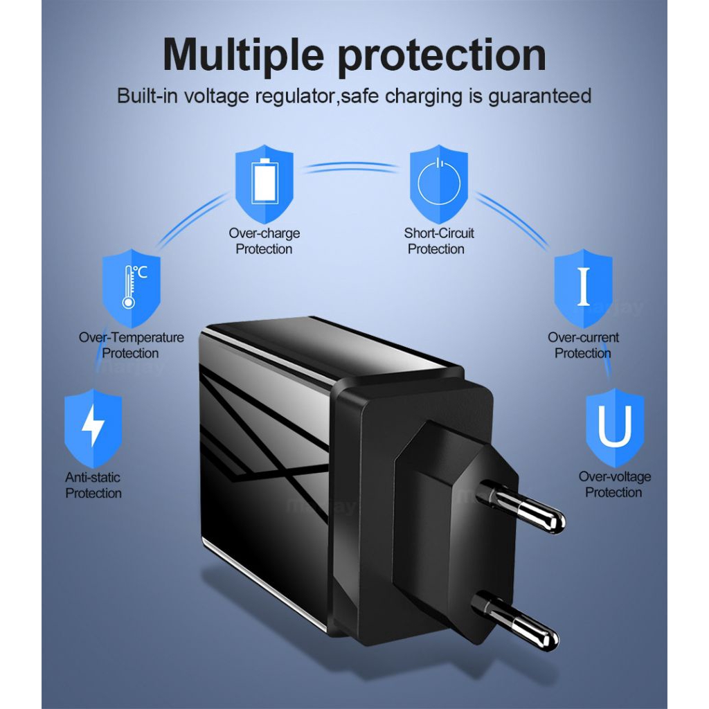 5 V / 3.1 A (max.) 3-Port USB Phone Charger LED Display Wall Fast Charging Adapter EU/US Plug Ⓡ