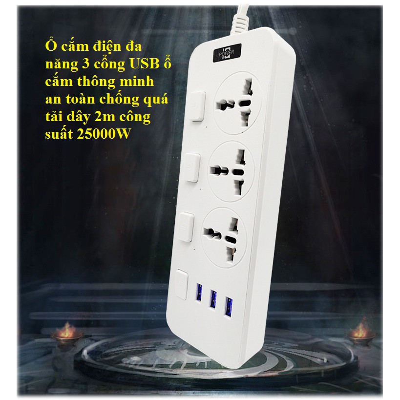 Ổ cắm điện thông minh 2500w Hỗ trợ sạc nhanh 3.1A/ Ô Cẳm Điện Đa Năng + Cổng USB tặng kèm hộp