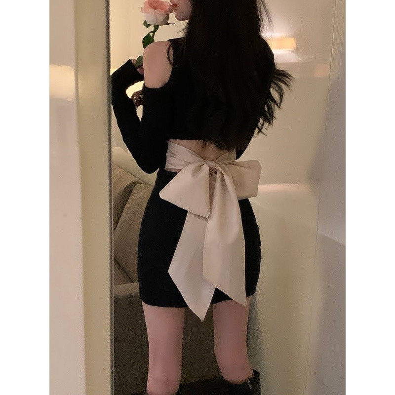 Đầm body hở vai tay dài TABISHOP Váy nữ ôm dáng hở lưng thắt nơ dự tiệc đi chơi siêu xinh