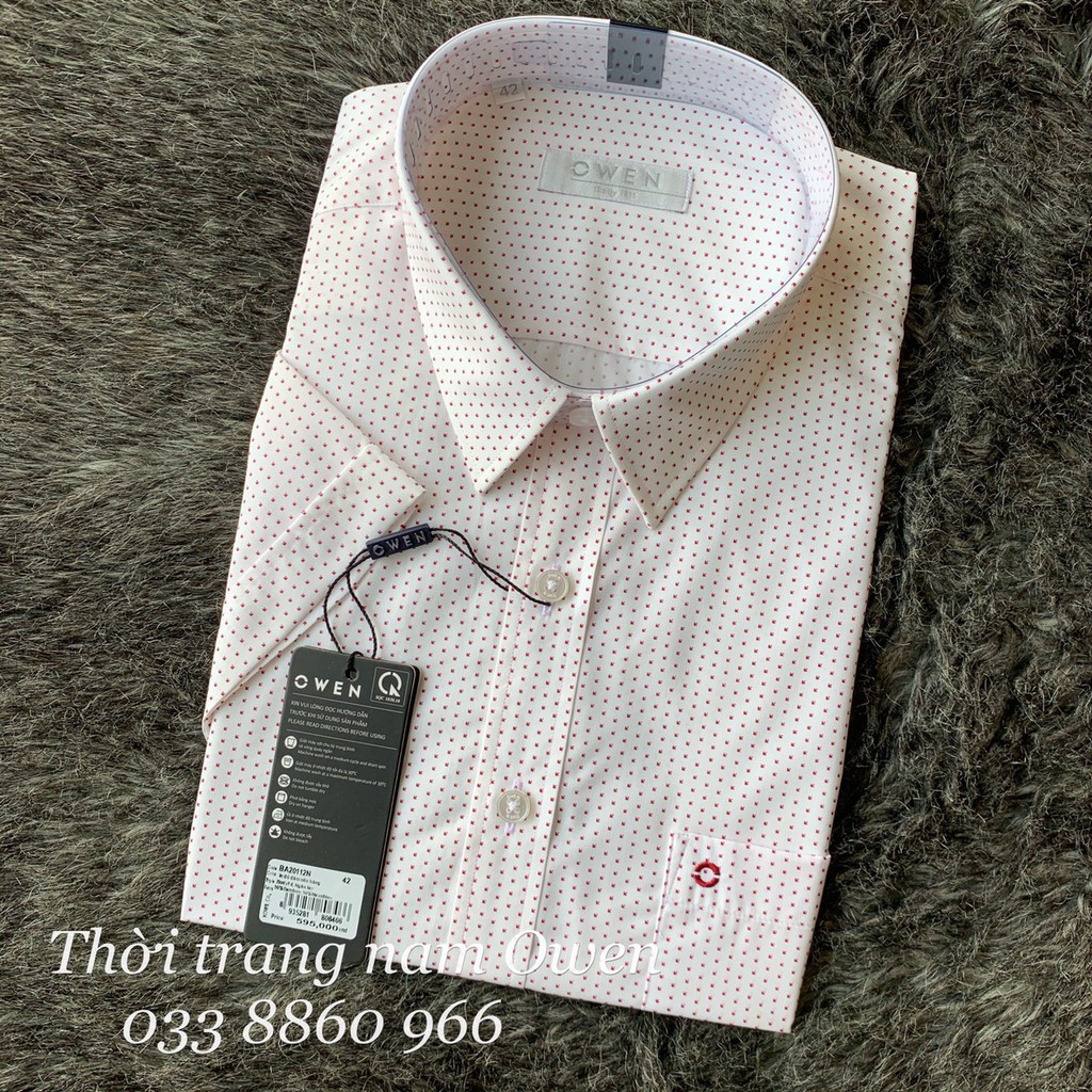 Xả 12.12 10.10 . OWEN - Áo sơ mi ngắn tay Owen chất sợi tre màu trắng chấm đỏ BA 20112 Cực Đẹp . . . ' ' ' .