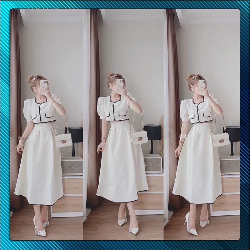 Set Áo Viền Né Công Sở Dạ Hội Nút Cài Thật Kèm Chân Váy Xòe Dài Xinh Xắn - Thời Trang Dressery Store