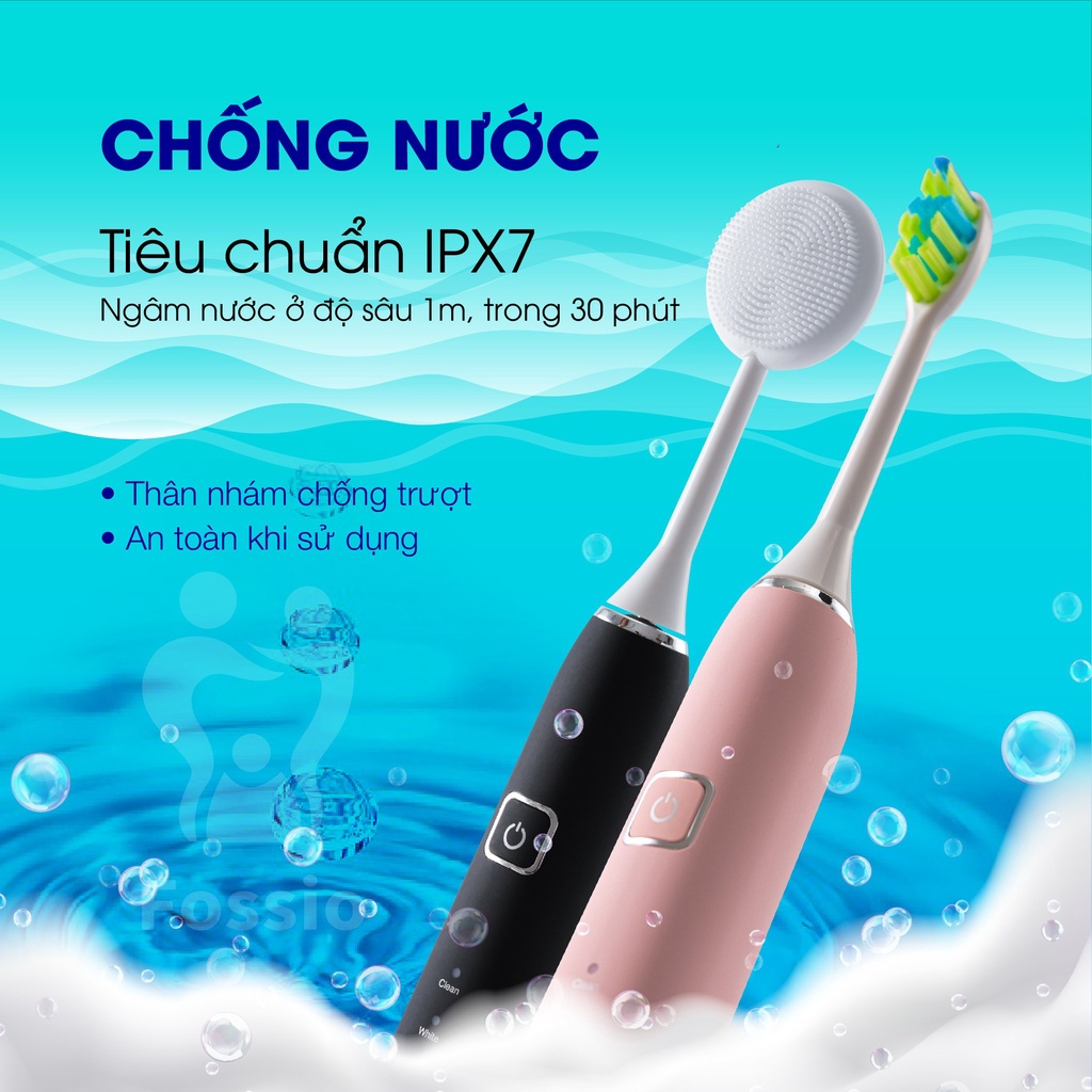 Bàn chải đánh răng điện FOSSIO, bàn chải điện tích hợp máy rửa mặt, kèm 4 đầu bàn chải, BH 1 đổi 1 trong 12 tháng