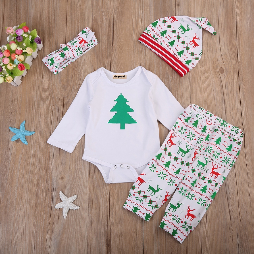 Set bodysuit và quần dài ca rô kèm nón và cài tóc chủ đề Noel cho bé sơ sinh