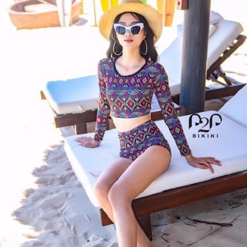 P2P BIKINI - Đồ bơi tay dài cổ tròn đan dây lưng, quần lưng cao họa tiết thổ cẩm - BTK370HT_LC