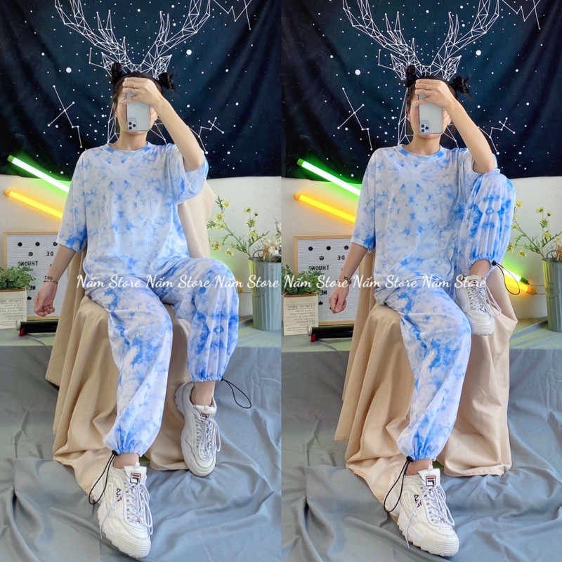 Set áo loang tie dye tay lở kèm quần jogger trơn dài ống rộng loang unisex nam nữ đủ màu - Set thể thao loang