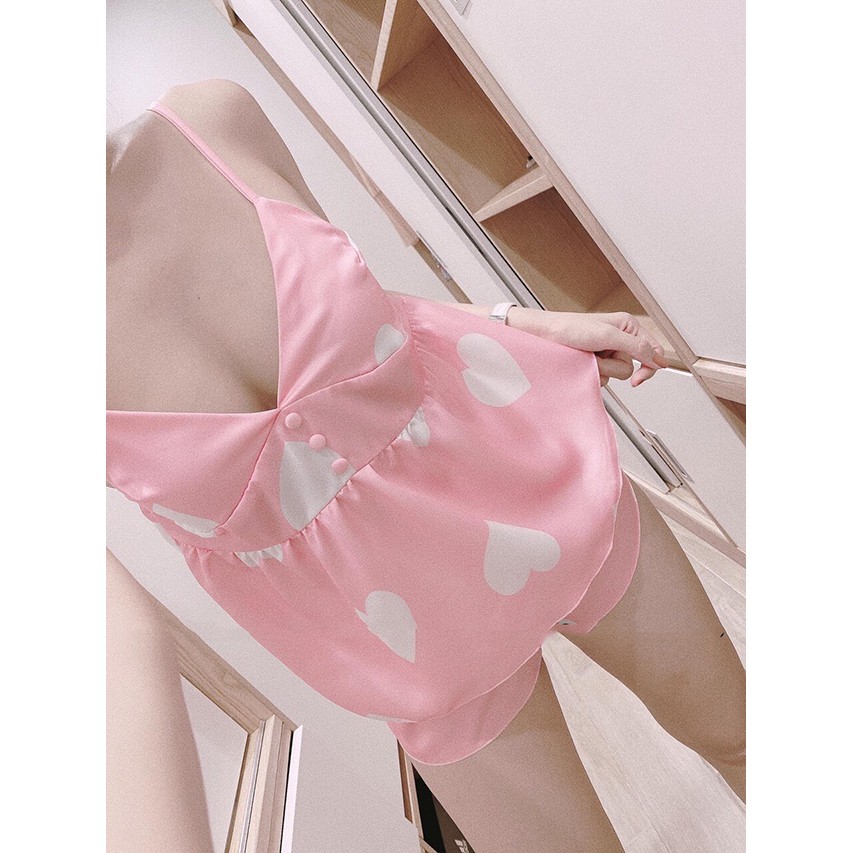 Đồ Ngủ Lụa Satin Họa Tiết Áo Dây Quần Cộc Freesize | BigBuy360 - bigbuy360.vn