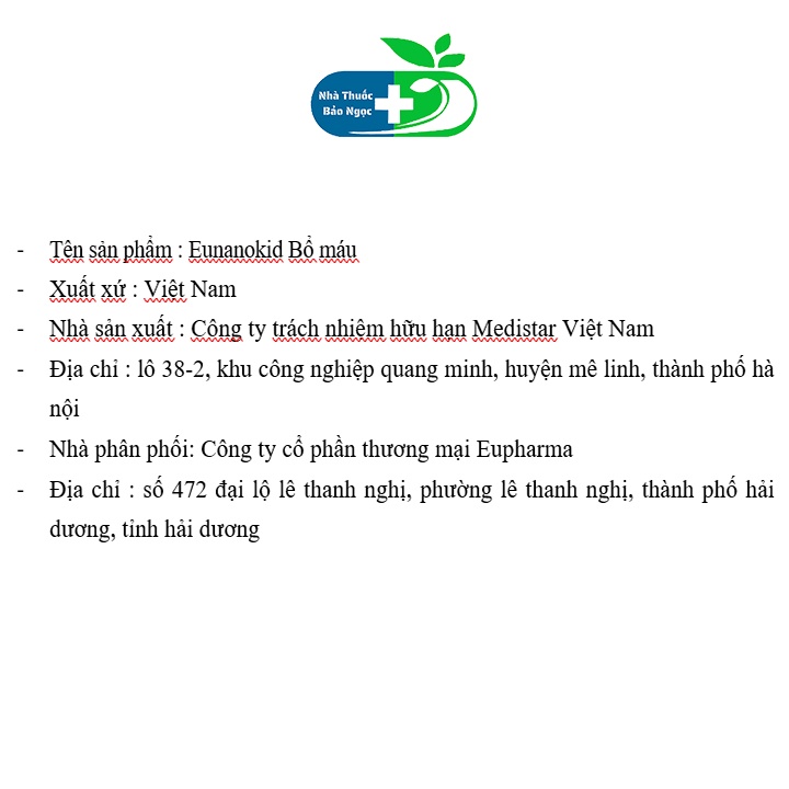 Eunanokid bổ máu bổ sung sắt và acid folic, hỗ trợ tạo máu, giúp giảm thiếu máu do thiếu sắt