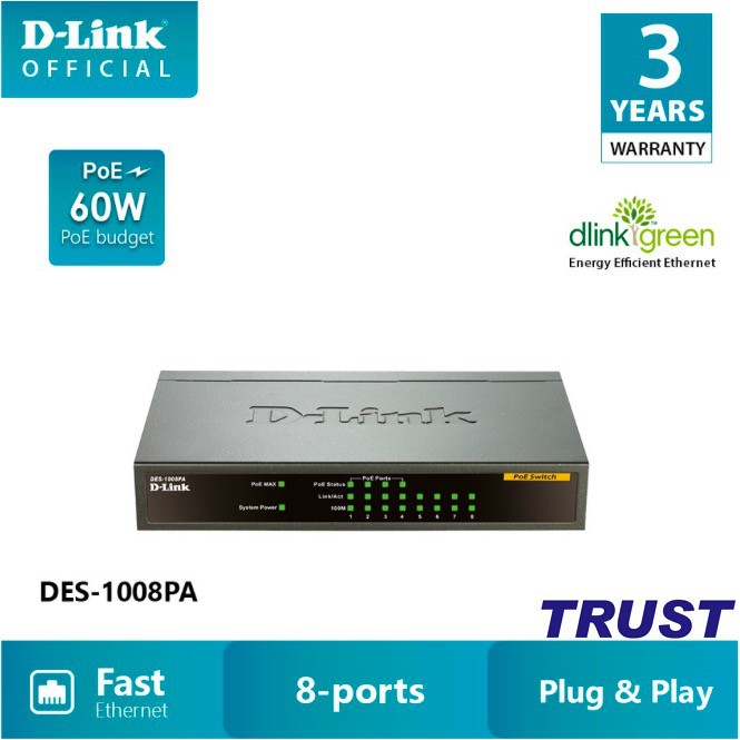 D-LINK DES-1008PA - Bộ chia cổng mạng 8 cổng 10 / 100 Mbps với 4 cổng PoE