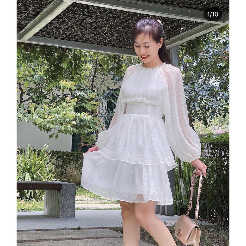 ĐẦM XẾP NHÚM CỔ CHẠY VIỀN HẠT TAY BỒNG