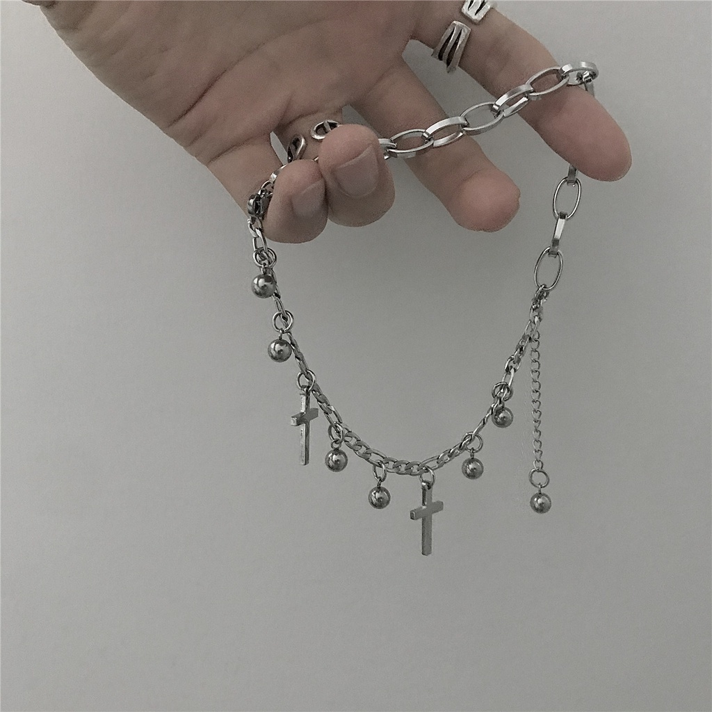 Vòng tay hai lớp bằng thép titan phối mặt hình thánh giá phong cách hip hop