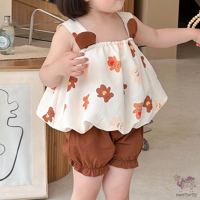 Bộ Áo Hai Dây In Họa Tiết Hoạt Hình + Quần Short Đơn Giản Dành Cho Bé Gái