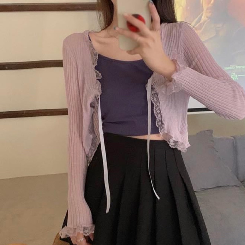 Áo khoác cardigan kiểu nữ thun len mỏng voan phối ren bèo tay dài croptop ôm trơn - Order taobao quảng châu