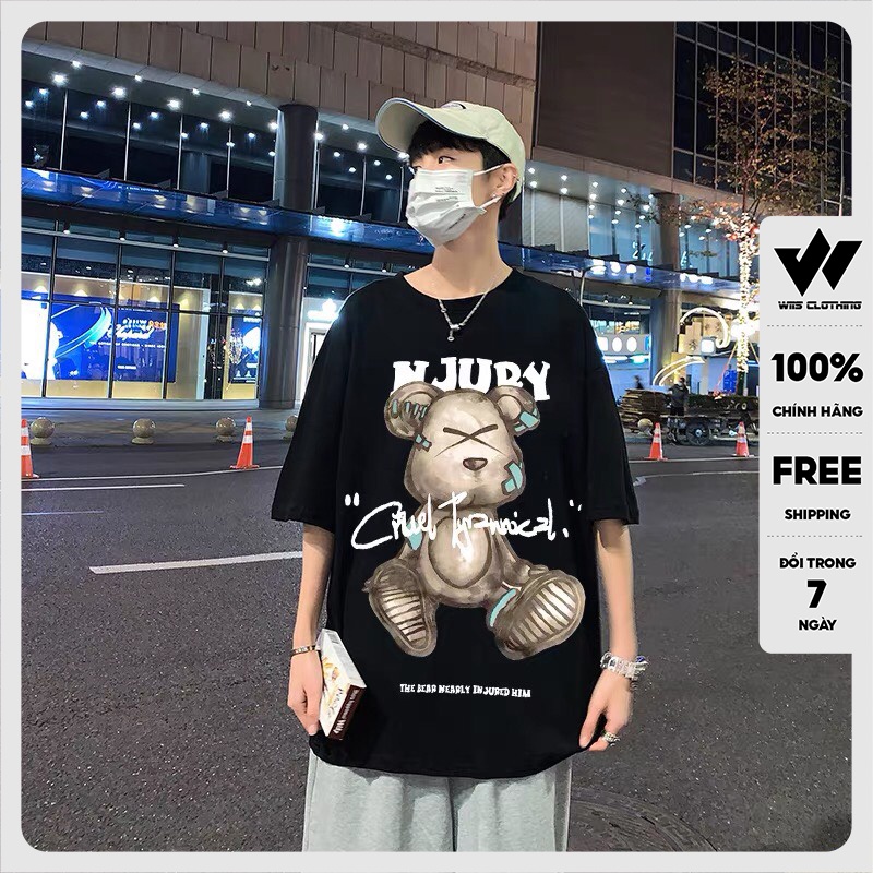 Áo phông nam WIIS tay lỡ unisex form rộng Gấu NJURY thun oversize nam nữ ulzzang