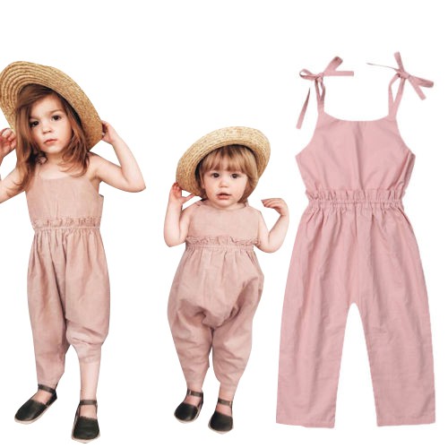 Jumpsuit dài hai dây màu trơn xinh xắn cho bé gái