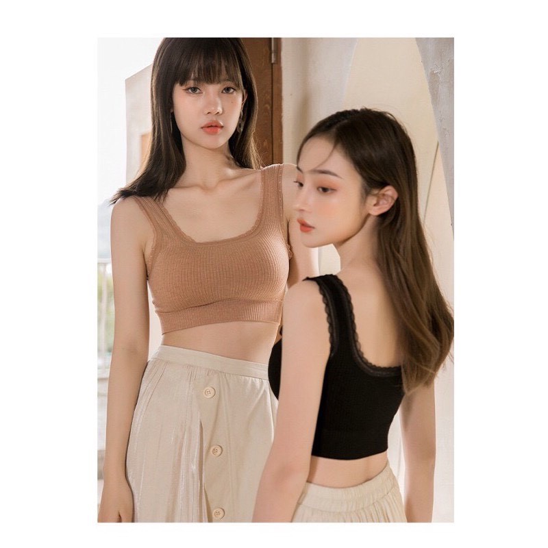 Áo bra nữ cổ vuông hở lưng chữ U hai dây viền ren dễ thương freesize 38-60kg 1535