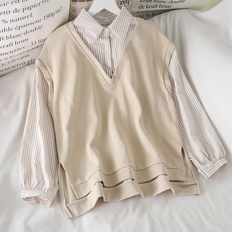 IELGYÁo sweater Tay Dài Dáng Rộng Giả Hai Lớp Phối Họa Tiết Kẻ Sọc Thời Trang Cho Nữ