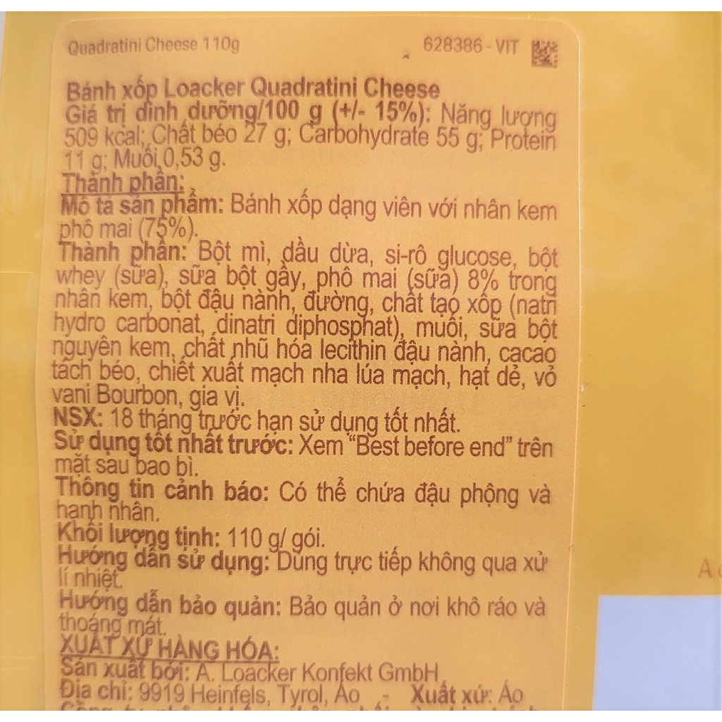 [Gói 110g – VÀNG] BÁNH XỐP DẠNG VIÊN NHÂN KEM PHÔ MAI [Austria] LOACKER Quadratini Cheese