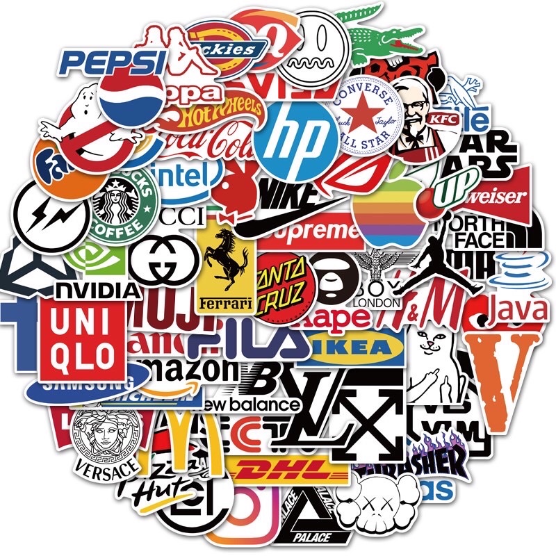 70 sticker logo thương hiệu thời trang,đồ uống,xe hơi trang trí mũ bảo hiểm,vali,xe