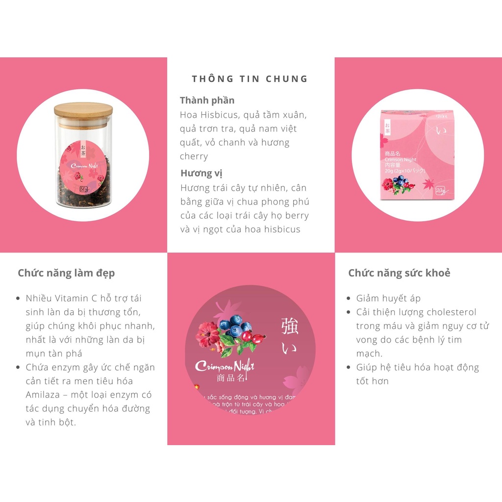 Trà thảo mộc trái cây Nhật Bản Crimson Night - Hoa hibicus, quả tầm xuân, việt quất