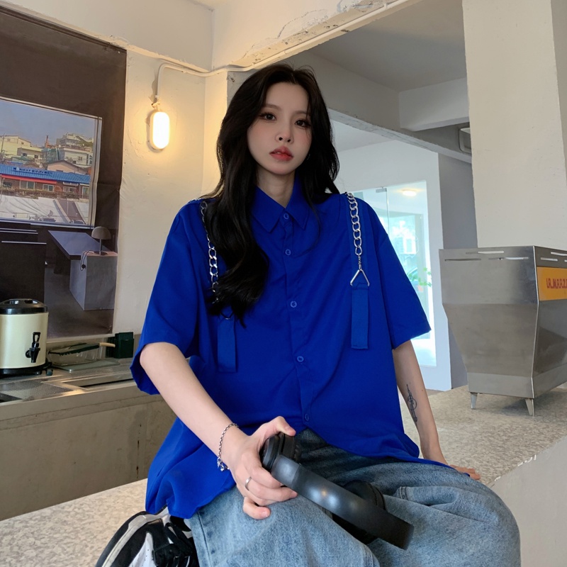 【ZHELIHANGFEI】Áo Sơ Mi Tay Dài Dáng Rộng Màu Xanh Klein Dễ Phối Đồ