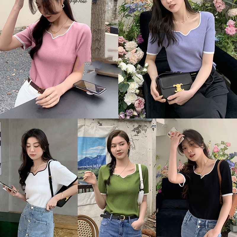 SUXI Áo Dệt Kim Ngắn Tay Màu Sắc Đơn Giản Phong Cách Vintage Dễ Phối Đồ Thời Trang Mùa Hè Cho Nữ