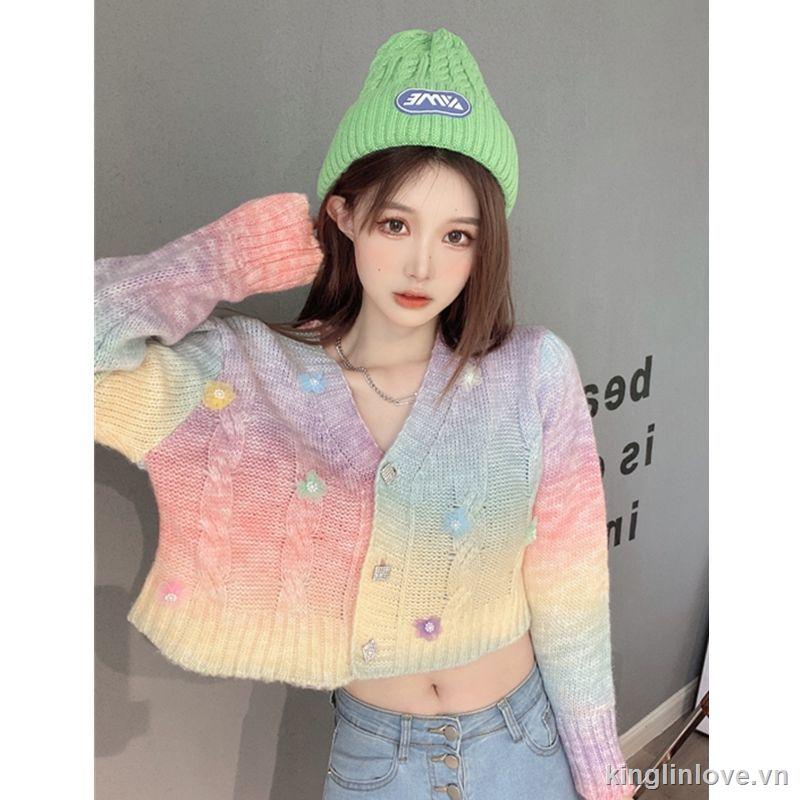 Áo Khoác Cardigan Dệt Kim Dáng Ngắn Đính Đá Nhiều Màu Sắc