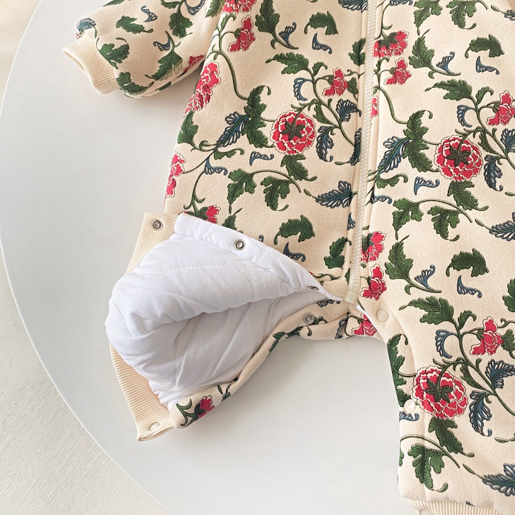 Bộ áo liền quần SANLUTOZ tay dài bằng cotton in hoa dễ thương thời trang mùa đông cho bé gái