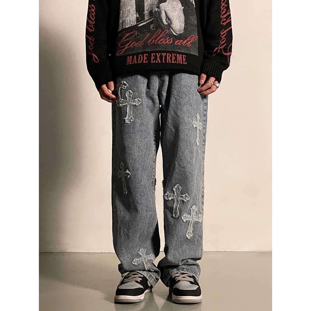 ♞AFF LIGA♞ Quần jean ống rộng thêu họa tiết phong cách hiphop thời trang đường phố năng động