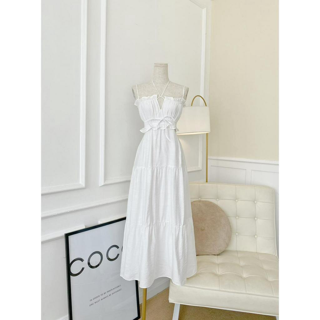 Đầm maxi 2 dây phối bèo thắt dây nơ cutout lưng freesize