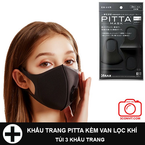 Túi 3 chiếc khẩu trang kèm van lọc khí Pitta