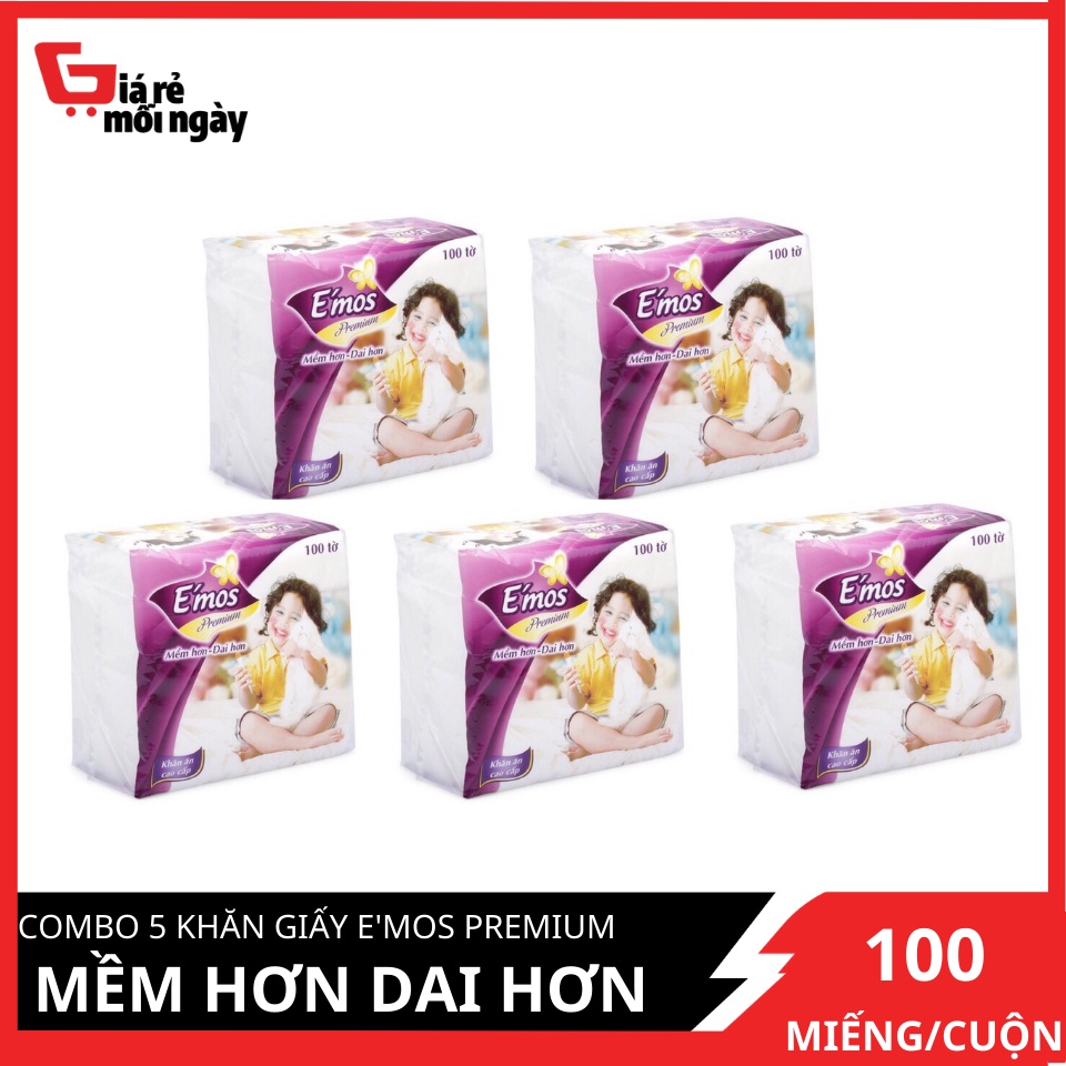 Combo 5 Khăn Giấy E'mos Premium Mềm Hơn Dai Hơn 100 Miếng/bịch