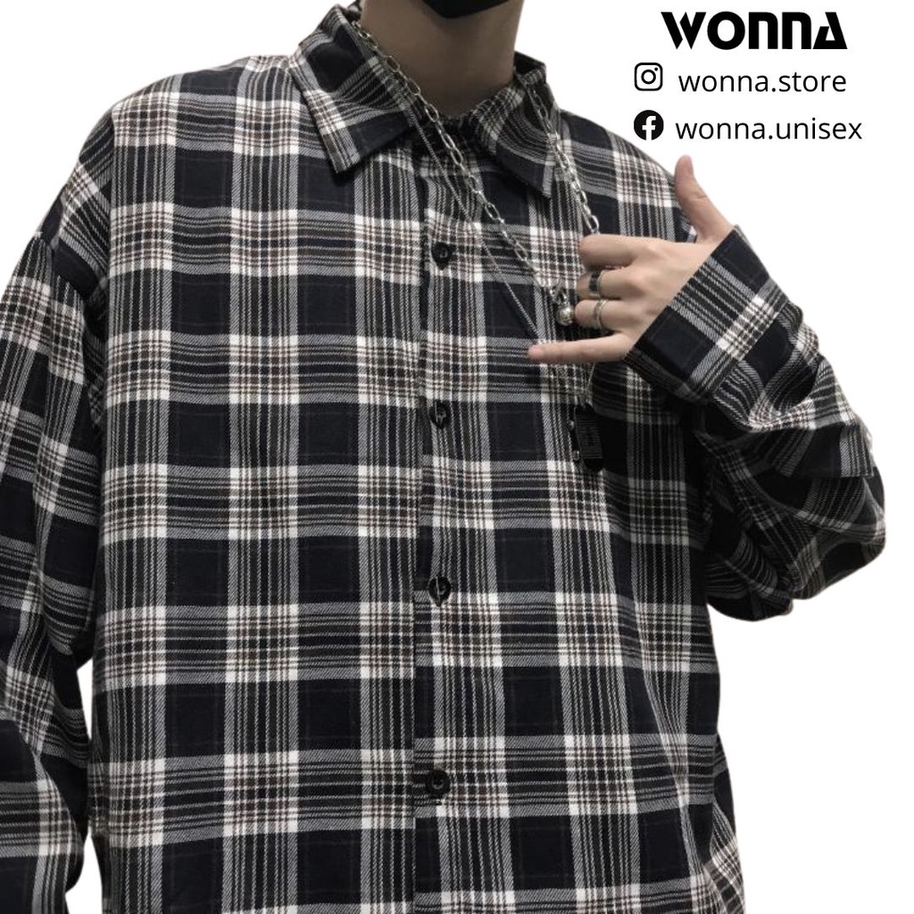 ÁO SƠ MI DÀI TAY NAM HỌA TIẾT SỌC NGANG DỌC KẺ Ô XANH ĐẬM ÁO FLANNEL WONNA CARO BASIC CỔ THUYỀN UNISEX