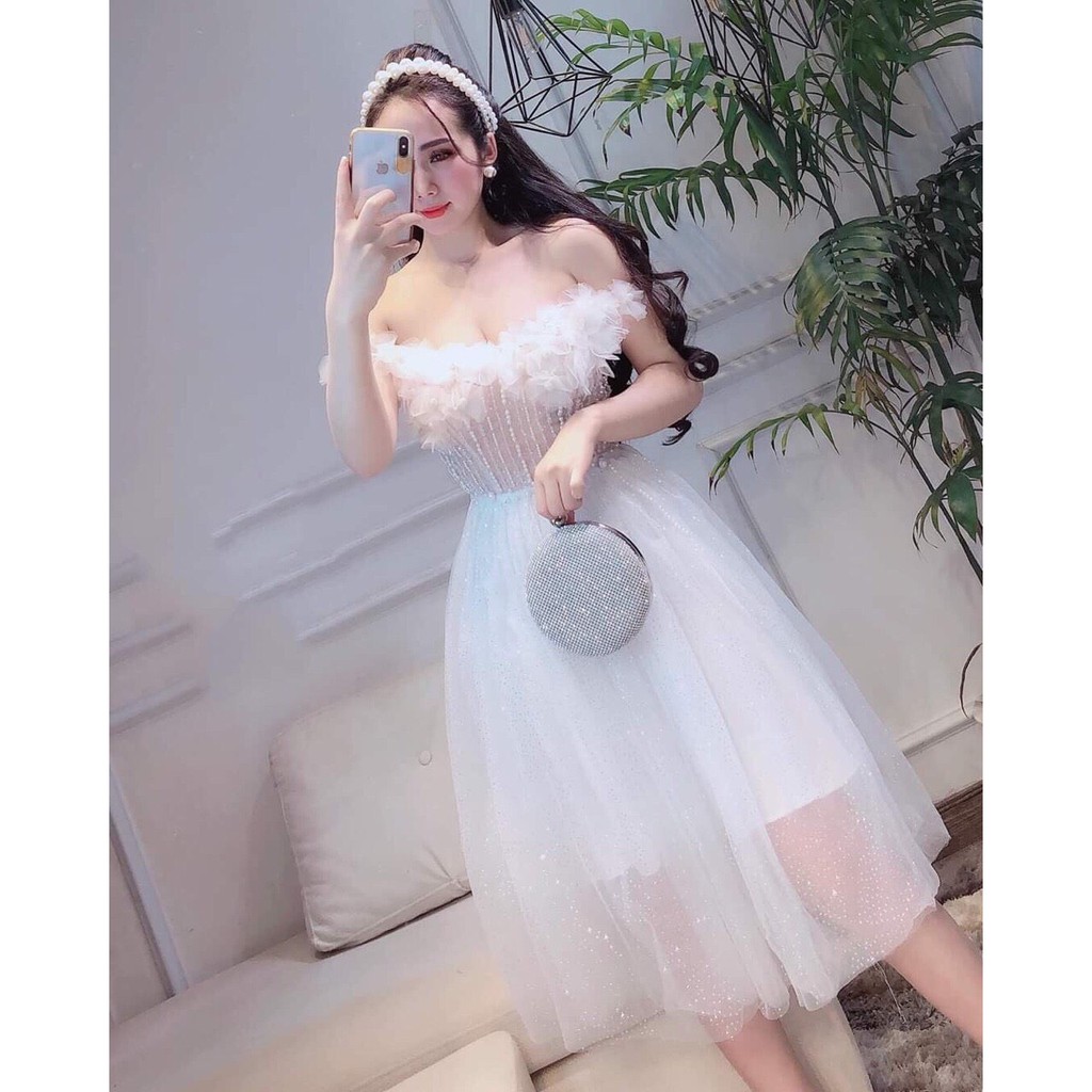 KÈM ẢNH &amp; VIDEO THẬT SHOP TỰ CHỤP 1000% Đầm Xoè trễ vai kết hoa nổi kết cườm