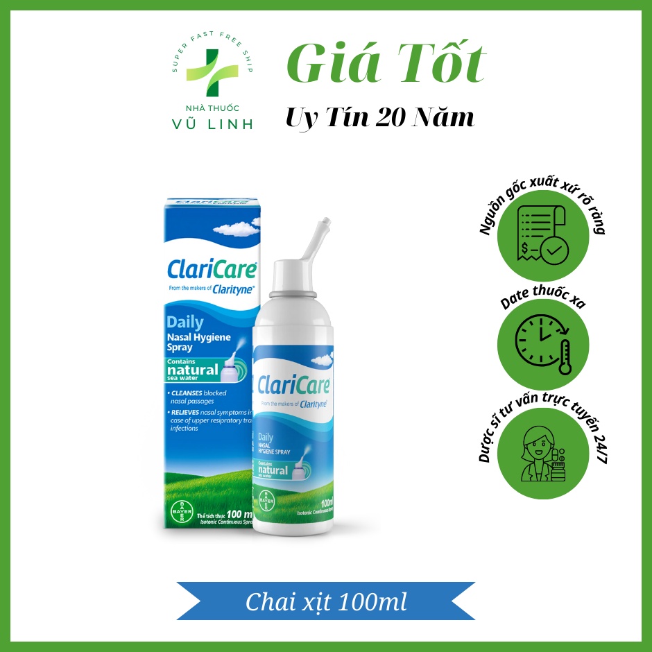(CHÍNH HÃNG) Dung dịch rửa mũi hằng ngày, thành phần nước biển tự nhiên ClariCare Daily Nasal Hygiene Spray (Chai 100ml)