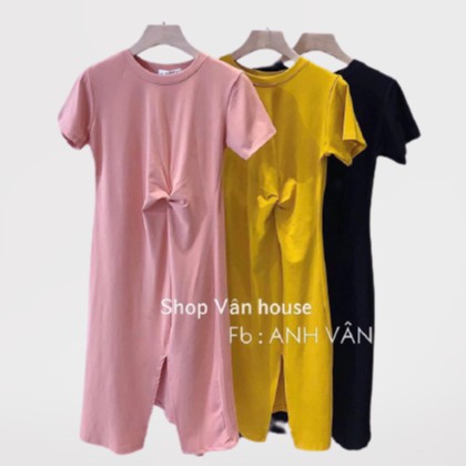 Đầm suông nữ cotton mịn dáng rộng - Váy bầu dáng suông xoắn eo cổ tròn - CM Shop