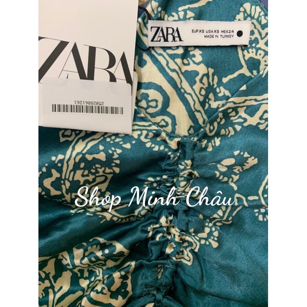 Váy lụa 2 dây hoạ tiết nhún ngực Zarraa canh sale, kèm ảnh thật