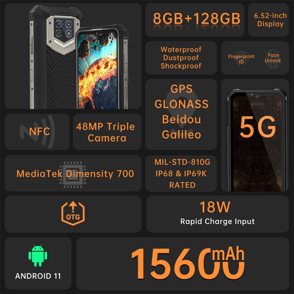 OUKITEL WP15 15600mAh 5G 6.5‘' HD Android11Mobile Phone 8GB+128GB Điện thoại bền chắc