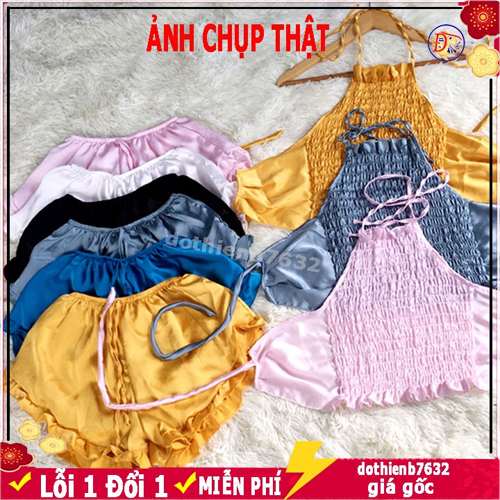 GIÁ SẬP SÀN  Đồ ngủ sexy / Yếm dập ly chất liệu satin cao cấp mềm mịn 2 dây freesize dưới 58kg kèm quần ren gợi cảm
