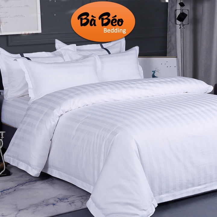 Bộ vỏ chăn cotton ga gối sọc trắng khách sạn 3F, Bộ Chăn Ga Gối Cotton 3F Kẻ Sọc Khách Sạn Màu Trắng